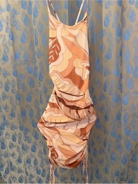 Sleeveless Pink & Brown Ruched Slip Dress